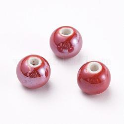Abalorios de porcelana hechas a mano, pearlized, redondo, rojo, 10mm, agujero: 2~3 mm