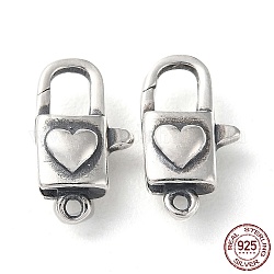 925 Thailand Sterling Silver Lobster Claw Clasps, Heart Lock, with 925 Stamp, Antique Silver, 12.5x7x4mm, Hole: 1mm