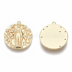 Brass Micro Pave Clear Cubic Zirconia Pendants, Nickel Free, Flat Round with Virgin Mary, Real 18K Gold Plated, 18.5x16.5x2mm, Hole: 1mm