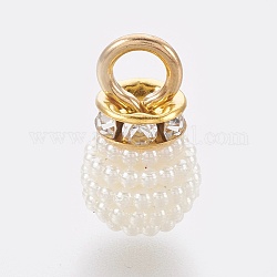 Colgantes de perlas de imitación, con fornituras de rhinestone de aleación de oro plateado, blanco, 17x10mm, agujero: 4 mm