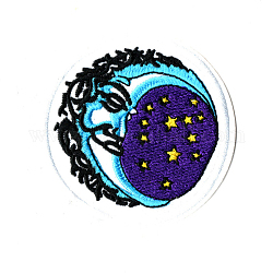Tela de bordado computarizada para planchar / coser parches, accesorios de vestuario, apliques, plano y redondo con la luna y las estrellas, azul medianoche, 75mm