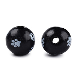 Spray Painted Wood Beads, Printed Beads, Round, Black, 15~16x14~15mm, Hole: 3~4mm