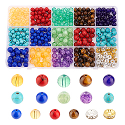 Arricraft diy perlen schmuck machen find kit, einschließlich natürlicher und synthetischer gemischter Edelsteine und runder Glasperlen sowie eiserner Strass-Abstandsperlen, Mischfarbe, 6~8x3.5~8.5 mm, Bohrung: 0.8~2 mm, 460 Stück / Karton