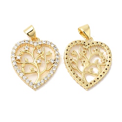 Brass Micro Pave Clear Cubic Zirconia Pendants, Heart with Tree Charms, Real 16K Gold Plated, 22x18.5x2.5mm, Hole: 5x4mm