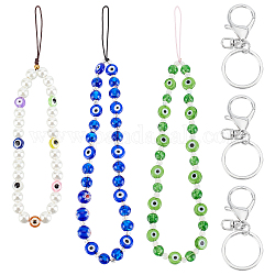 Olycraft 3pcs 3 style perle de verre et lampwork et perles de rocaille en verre sangles mobiles, avec des perles de résine mauvais œil, fermoir porte-clés en fil de nylon et alliage, couleur mixte, 17.5~20.5 cm, 1pc / style