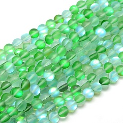 Chapelets de perles en pierre de lune synthétique, perles holographiques, demi couleur ab plaqué, mat, ronde, vert printanier, 8mm, Trou: 1mm, Environ 46 pcs/chapelet, 15 pouce