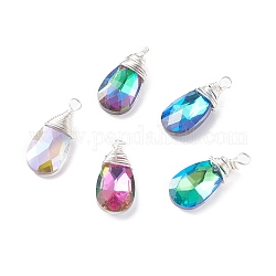 Faceted Glass Pendants, with Silver Copper Jewelry Wire, Teardrop, Mixed Color, 20~21x9x5mm, Hole: 1.5~2mm