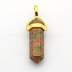Natural Bullet Gemstone Double Terminated Pointed Pendants, with Golden Tone Alloy Findings, Unakite, 39~41x13x11mm, Hole: 5x4mm