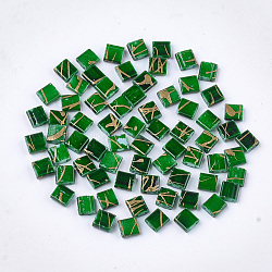 2-hole perline di vetro, stile antico, rettangolo, verde, 5x4.5~5.5x2~2.5mm, Foro: 0.5~0.8 mm