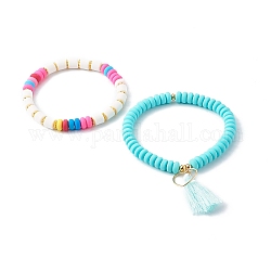 Handmade Polymer Clay Beads Stretch Bracelets Sets, with Brass Beads & Pendants, with Tassels, Heart, Turquoise, Inner Diameter: 2~2-1/8 inch(5.2~5..5cm), 2pcs/set