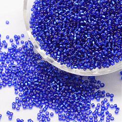 6/0 runde Glasperlen, Silber gesäumten Platz Loch, transparenten Farben, Blau, 3.6~4.0 mm, Bohrung: 1.2 mm, ca. 5000 Stk. / Pfund