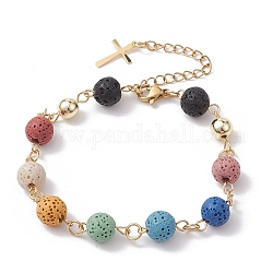 Armband aus gefärbten natürlichen Lavasteinen mit runden Perlen, Chakra-Themenarmband, Farbig, 7-1/2 Zoll (19 cm)
