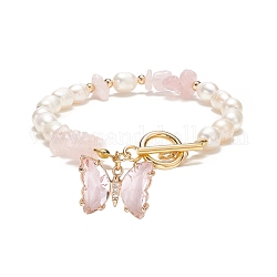 Bracciale con ciondolo a farfalla in vetro con zirconi chiari, scaglie di quarzo rosa naturale e bracciale con perline di perle da donna, 7-5/8 pollice (19.5 cm)