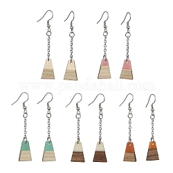 Boucles d'oreilles pendantes trapèze en résine et bois bicolores, 304 boucles d'oreilles pampilles en acier inoxydable, couleur mixte, 60~61x12mm