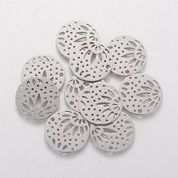 201 Stainless Steel Pendants, Flat Round with Flower, Stainless Steel Color, 20x1.1mm