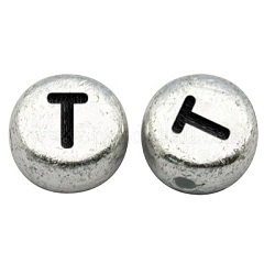 Perline con lettere a foro orizzontale in acrilico placcato color argento, rotondo e piatto, letter.t, 7x3.5mm, Foro: 1 mm, circa 3600pcs/500g
