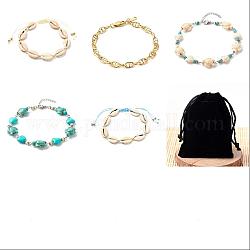 5Pcs 5 Style Natural Cowrie Shell Braided Bead Anklet Set, Tortoise Synthetic Turquoise Beaded Anklets with Brass Mariner Chain for Women, Mixed Color, 2-1/4~10 inch(5.6~25.5cm), 1Pc/style