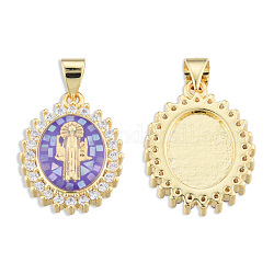 Brass Micro Pave Clear Cubic Zirconia Pendants, with Enamel and Shell, Real 18K Gold Plated, Nickel Free, Oval with Saint, Medium Purple, 19.5x14.5x4mm, Hole: 3x4mm