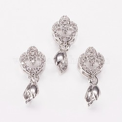 Long-Lasting Plated Brass Micro Pave Cubic Zirconia Ice Pick Pinch Bails, Heart with Leaf, Real Platinum Plated, 18mm, Hole: 2x6mm, Pin: 0.6mm