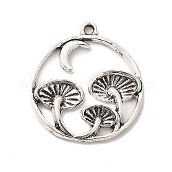 Alloy Pendants, Flat Round with Mushroom, Antique Silver, 27x24.5x3mm, Hole: 1.6mm