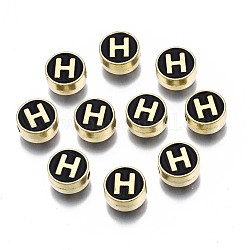 Legierung Emaille-Perlen, cadmiumfrei und bleifrei, Licht Gold, flach rund mit Alphabet, Schwarz, letter.h, 8x4 mm, Bohrung: 1.5 mm