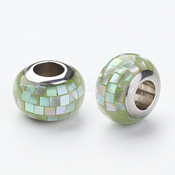304 perline europee in resina in acciaio inossidabile, Con guscio e smalto, rondelle, perline con foro grande, verde chiaro, 12x8mm, Foro: 5 mm