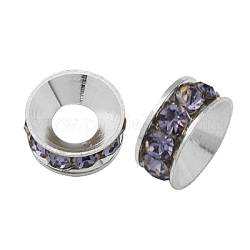 Perline distanziatori strass in ottone, grado a, rondelle, colore argento placcato, viola, 9x4mm