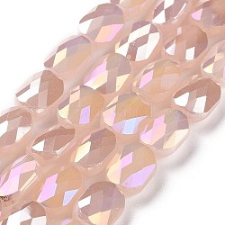 Facettierte galvanisierte Glasperlenstränge, ab Farbe plattiert, opake Volltonfarbe, Oval, rosa, 10.5x8x5 mm, Bohrung: 1.5 mm, ca. 58~60 Stk. / Strang, 25.59 Zoll (65 cm)