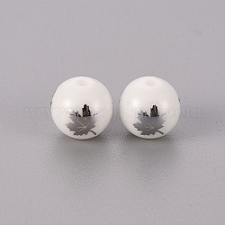 Electroplate Glass Beads, Round, Maple Leaf Pattern, Platinum Plated, 10mm, Hole: 1.2mm