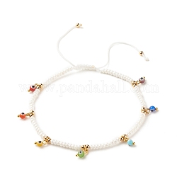 Bracelet de cheville en perles de verre et perles tressées en laiton avec breloques mauvais œil au chalumeau, bracelet de cheville réglable pour femme, blanc, diamètre intérieur: 2-3/4 pouce (7 cm)