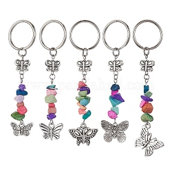 Porte-clés à breloque papillon en alliage, avec des éclats de turquoise synthétique teints et des porte-clés fendus en fer, couleur mixte, 7.5~83 cm