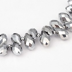 Electroplate Glass Beads Strands, Top Drilled Beads, Faceted Teardrop, Full Plated, Platinum Plated, 13x8mm, Hole: 1mm, about 98pcs/strand, 20 inch