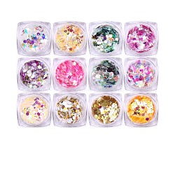 12 Farben Mix Hexagon Stern Schmetterling Ahornblatt Festival Chunky Pailletten Set, holografische Nagelglitzer-Meerjungfrau-Pulverflocken, für Nailart-Pigmentstaub-Design, Mischfarbe, Pulver: 0.1~0.5x0.1~0.5 mm, Pailletten: 0.5~5x0.5~5 mm