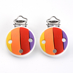 Food Grade Eco-Friendly Silicone Baby Pacifier Clips, with 304 Stainless Steel Clips, Flat Round, Stainless Steel Color, Colorful, 50.5x35x21mm, Hole: 4x12.5mm and 5mm