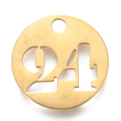 304ステンレス鋼ペンダント  切り取る  中空  番号付きのフラットラウンド  ゴールドカラー  NUM。24  19x1.5mm  穴：2.5mm