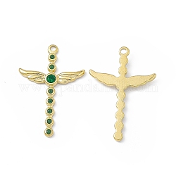 Ion Plating(IP) 304 Stainless Steel Pendant with Rhinestone, Cross Charms, Fern Green, 35x23.5x3mm, Hole: 1.8mm