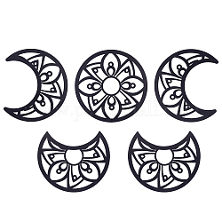 Ornements muraux en bois creux, décoration murale décoration de porte, phase de lune avec motif fleuri, noir, moon: 200x165~200x5 mm, 5 pièces / kit