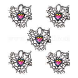 Rack Plating Alloy Glass Pendants, Cadmium Free & Lead Free & Nickle Free, Gunmetal Tone Spider Web & Heart Charms, Colorful, 26x25x5mm, Hole: 6x3mm