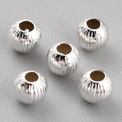 Долговечные латунные бусины, гофрированные шарики, круглые, 925 серебро покрытием, 4x3.7 мм, отверстие : 1.5 мм