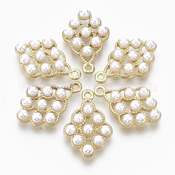 Plateados de oro colgantes de la aleación, con abs de plástico imitación perla, rombo, blanco cremoso, 24.5x16x5mm, agujero: 1.8 mm