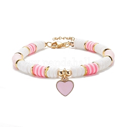 Bracelet à breloques coeur, bracelet surfeur heishi en pâte polymère, bijoux preppy pour femme, or, rose, 7-5/8 pouce (19.4 cm)