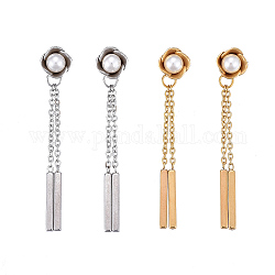 304 Stainless Steel Chain Tassel Earrings, with Ear Nuts and Acrylic Imitation Pearl Beads, Bar & Flower, White, Mixed Color, 44mm, Pin: 0.7mm