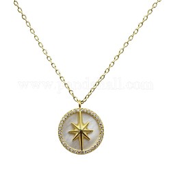 925 Anhänger aus Sterling Silber Halsketten, mit Strass-und Shell-, flach rund mit Stern, Muschelfarbe, echtes 14k vergoldet, Kristall