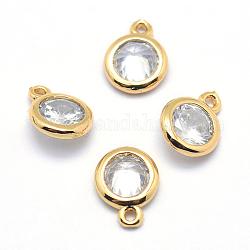 Brass Cubic Zirconia Pendants, Flat Round Charms, Lead Free & Cadmium Free, Real 18K Gold Plated, 8.5x6.5x3mm, Hole: 1mm
