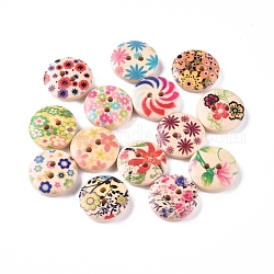 2-Hoyo botones de madera impresos, para coser manualidades, redondo plano con patrón de flores mixtas, teñido, color mezclado, 14.5~15x4mm, agujero: 2 mm