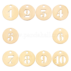 Sunnyclue 10шт 304 подвески из нержавеющей стали, полый, плоские круглые с номером 1~10, золотые, 1 шт / номер