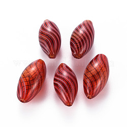 Transparent Handmade Blown Glass Globe Beads, Stripe Pattern, Rice, FireBrick, 24.5~25.5x11.5~12.5mm, Hole: 1~2mm