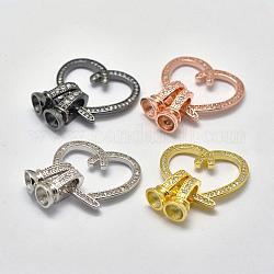 Brass Micro Pave Cubic Zirconia Fold Over Clasps, Heart, Mixed Color, 29x20x7.5mm, Hole: 2mm, 4.5mm
