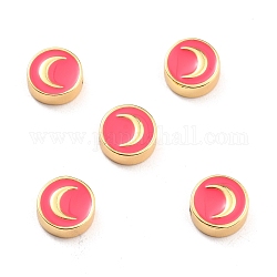 Brass Enamel Beads, Real 18K Gold Plated, Long-Lasting Plated, Cadmium Free & Lead Free, Flat Round with Moon Pattern, Cerise, 10x3.5mm, Hole: 1.6mm
