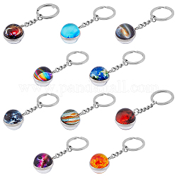 HOBBIESAY 10Pcs 10 Style Luminous Universe Planet Theme Alloy Keychain, Glow in the Dark Double Side Cabochon Glass Ball Keychain, Mixed Color, 7.3~7.5cm, 1pc/style
